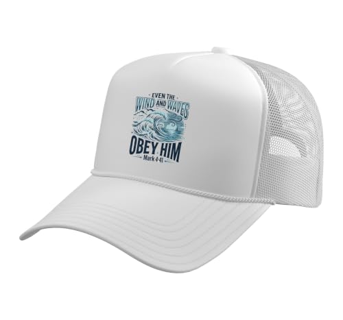 Christian Faith Bible Verse Jesus Wind and Waves Religious Trucker Hat with Adjustable Mesh Back - color: White