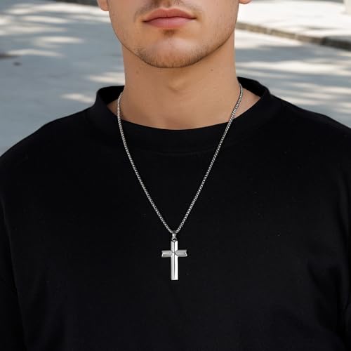 Stainless Steel Cross Necklace for Men with Adjustable Box Chain Christian Cross neckalce Gift - color: Silver-B
