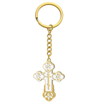 TEAMER Cross Keychain Russian Orthodox Crucifix Eastern Church Keychain Religious Christian Prayer Jewelry for Men Women - color: White Gold