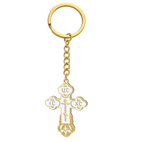 TEAMER Cross Keychain Russian Orthodox Crucifix Eastern Church Keychain Religious Christian Prayer Jewelry for Men Women - color: White Gold