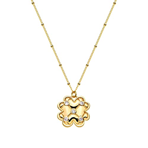 VACRONA Coin Necklace 18k Gold Plated Vintage Textured Medallion Coin Pendant Round Circle Disk Dainty Necklace for Women - color: 4 Leaf
