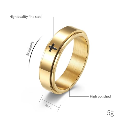 6mm/8mm Titanium Steel Black/Silver/Gold Fidget Ring Engraved Small Cross Stainless Steel Spinner Rings Stress Relieving Anxiety Ring Engagement Wedding Promise Band for Women Men Size 5-15 - color: 6mm Gold