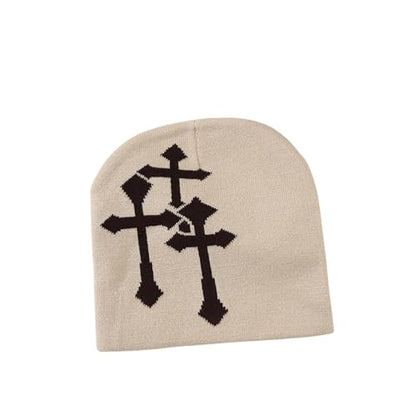 Fashion Knit Beanie with Cross Pattern Y2K Unisex Soft Jacquard Cap Popular Hip-Hop Cool Street Outdoor Sports Earflap Hat - color: Khaki