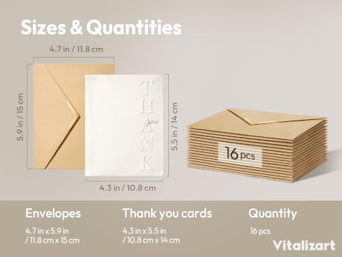 Vitalizart Embossed Thank You Cards with Envelopes 16 Pack 4.3" x 5.5" - color: White Set, size: 16 pcs