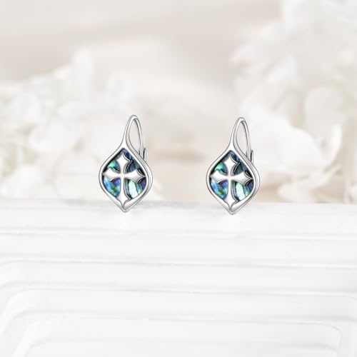 Celtic Trinity Knot Earrings for Women 925 Sterling Silver Triquetra Knot Leverback Abalone Shell Irish Jewelry Tree of Life Gift - style: cross