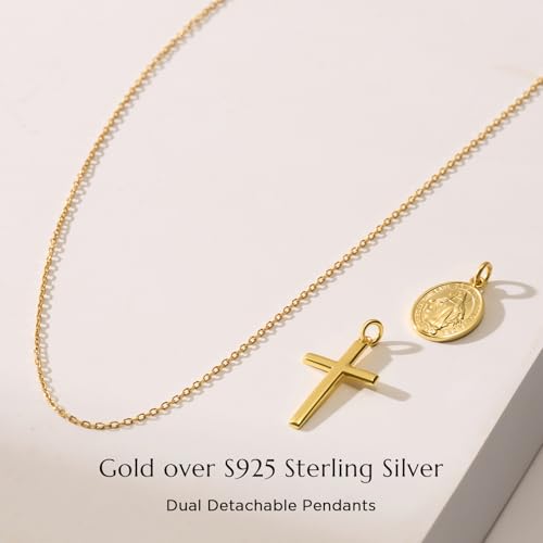 925 Miraculous Medal Necklace for Women, 18K Gold Virgin Mary Cross Pendant - color: Gold