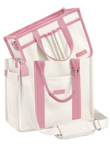 FIORETTO Women’s Canvas Tote Bag Purse with Zipper, Multi Compartment & Reinforced Bottom, Ideal for Work, Bible, Travel - color: Beige & Pink, size: Large, style: Detachable Organizer