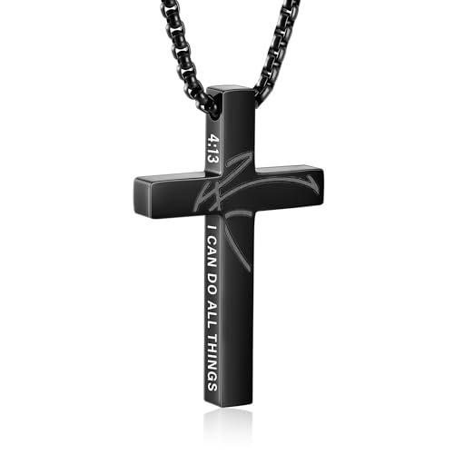 Gnamy Basketball Cross Necklace Gifts for Boys Men, Cross with Bible Verse Stainless Steel Pendant Chain Easter Christian Religious Jewelry Gifts for Him Kids Teenage Teens - color: Black, style: PHILIPPIANS 4:13