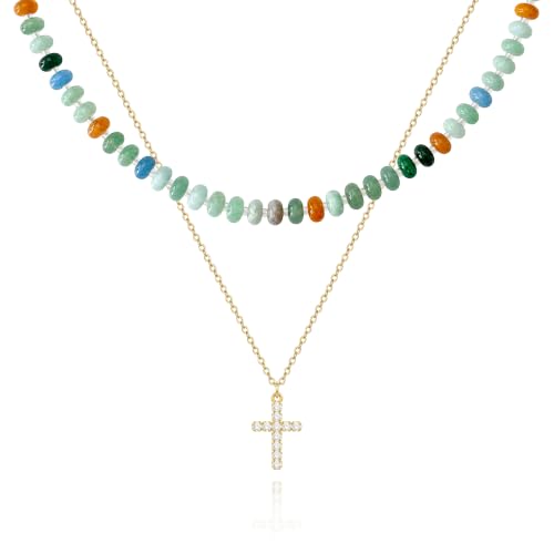 Zeffy Cross Necklace for Women,18K Gold/Silver Plated Tiny Cubic Zirconia Cross Pendant Necklace for Women Simple Layered Cross Necklaces for Women - color: CZ Cross&Green Gemstone