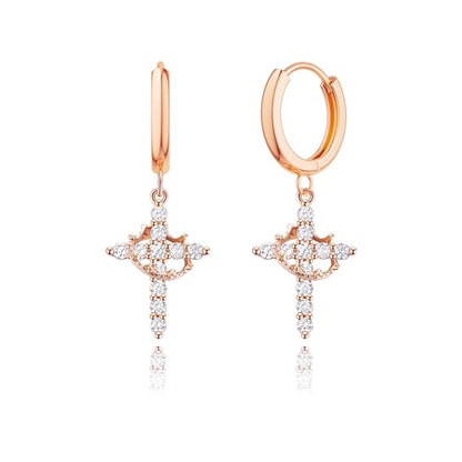 Robaice 14K Gold Plated Crown Cross Huggie Hoop Earrings for Women - color: Rose Gold
