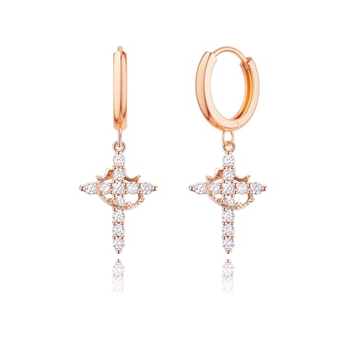 Robaice 14K Gold Plated Crown Cross Huggie Hoop Earrings for Women - color: Rose Gold