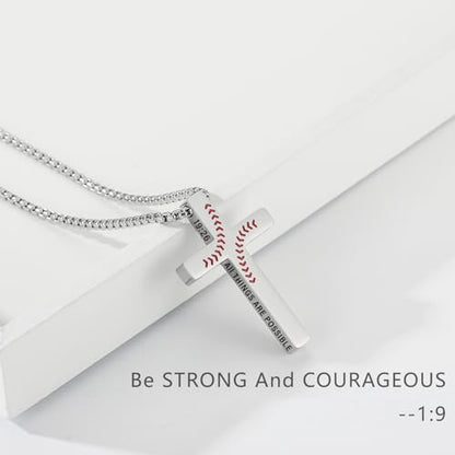 Baseball Bible Verse Cross Necklace for Boys Men, Stainless Steel Cross Pendant Baseball Game Day Christian Religious Jewelry Gifts for Teen Boys Kids - color: Silver, style: PHILIPPIANS 19:26