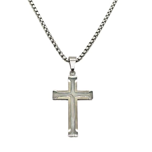 Cross Necklace for Men, Stainless Steel Black/Silver Cross Pendant Religious Necklace Christian Jewelry Chain 60 cm/23.6 inches - color: Silver