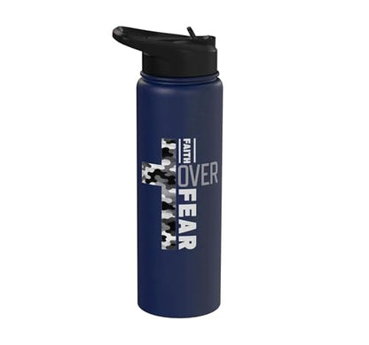 Faith Over Fear Christian Camo Cross Religious Bible Verse Stainless Steel Insulated Water Bottle - color: Navy Blue
