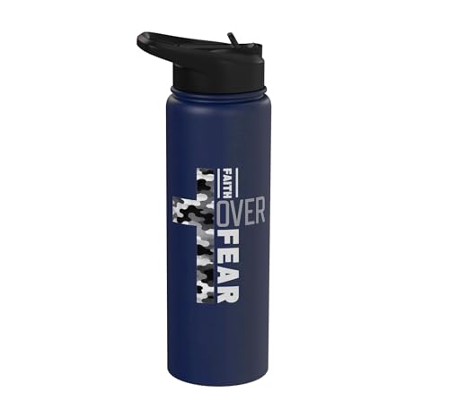 Faith Over Fear Christian Camo Cross Religious Bible Verse Stainless Steel Insulated Water Bottle - color: Navy Blue