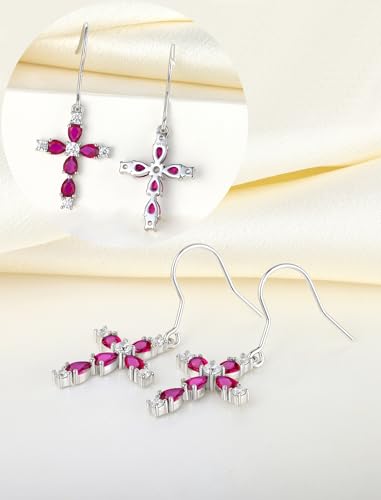 YL 925 Sterling Silver Cross Dangle Earrings Halo Birthstone Hook Earrings Religious Jewelry for Women - color: 7-ruby-Jul