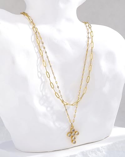 CONRAN KREMIX Waterproof Gold Layered Cross Necklace for Women Non Tarnish,14k Gold Plated Stainless Steel Dainty Cross Necklace Stack Necklaces Set for Women Christian Gifts Jewelry - color: Gold-Cross06