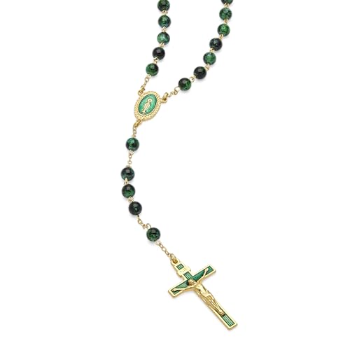 Mondo Cattolico Rosary Beads catholic for Women and Men from Vatican, Miraculous Virgin Rosary with Variegated Glass on a Gold Plated Brass Chain - Perfect Catholic gifts - color: Green