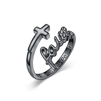 Cross Rings Faith Ring 925 Sterling Silver Adjustable Cross Wrap Ring Christian Fashion Band for Women - color: A-Black Gold