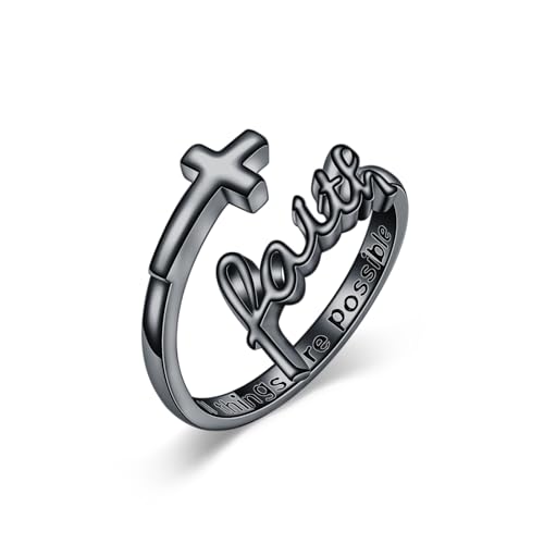 Cross Rings Faith Ring 925 Sterling Silver Adjustable Cross Wrap Ring Christian Fashion Band for Women - color: A-Black Gold
