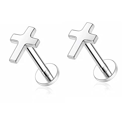 Top Cross Faith Labret Cartilage Helix Stud Earrings Stainless Steel Tragus Nose Studs Earring Monroe Lip Rings Bar 6mm 8mm Medusa Piercing Body Jewelry Gifts for Women Girls Men 16G - color: Silver,8mm
