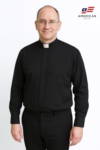 CLERKMANS Men’s Clergy Priest Shirt Long Sleeves, Free Tab Collar Insert for Pastor Preacher Minister Costume Button Shirt - size: 17" Neck