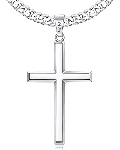 Jewlpire 925 Sterling Silver Cross Necklace for Men, 18k Gold Plated Sterling Silver Cross Necklace with 5mm Stainless Steel Cuban Link Chain for Men, 18 20 22 24 26 Inch - color: Silver Cross Pendant