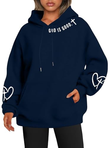 FAYALEQ Christian Sweatshirt For Women God Is Good Hoodies Graphic Tops - color: Dark Blue, size: Medium