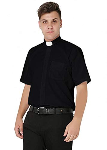 IvyRobes Men's Short Sleeves Tab Collar Clergy Shirt- Black White Purple - color: Black, size: X-Large