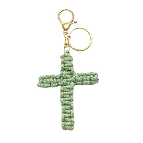 Pingyongchang Handmade Weave Cross Keychain Boho Macrame Jesus Christian Charm Keychain for Women Men - color: Green