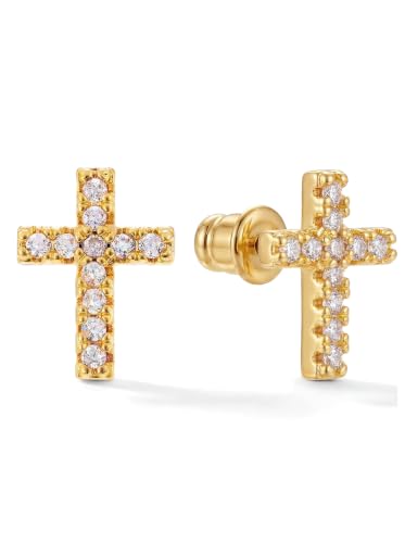 MUMREUES 14K Gold Earrings for Women Dainty CZ Cross Stud Earrings Jewelry - color: CZ Cross & Gold