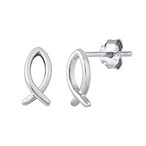 Sterling Silver Christian Faith Fish Stud Earrings