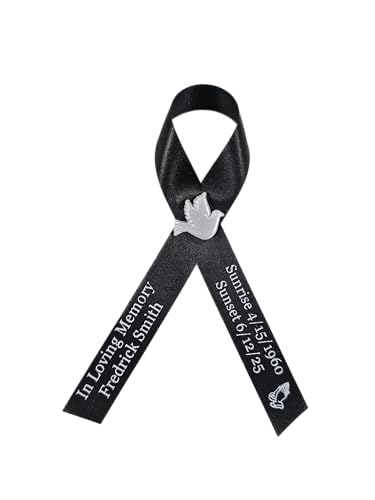 Personalized Memorial Service Funeral Ribbon Pins 20 Cross Religious Celebration of Life Custom Made Awareness Remembrance Anniversary Death Cross Sympathy Name Angel - color: Black