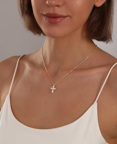 Cross Necklace for Women, Dainty 14K Gold Plated CZ Pendant - color: Gold-pearl cross