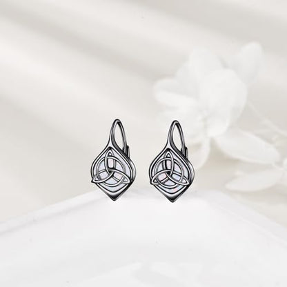 Celtic Trinity Knot Earrings for Women 925 Sterling Silver Triquetra Knot Leverback Abalone Shell Irish Jewelry Tree of Life Gift - style: Black-White Opal-celtic knot