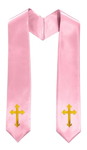Priest White Stole 60 Inch Gold Cross Embroidery Church - color: Pink Stole + Gold Cross