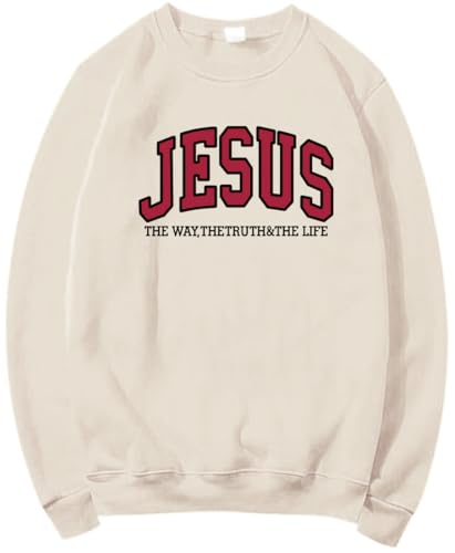 Christian Sweatshirts for Women Jesus Fleece Oversized Pullover Faith God Tops Crewneck Y2K Longsleeve - color: 4-beige, size: Small