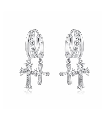 Double Huggie Hoop Earrings with Charms Cross Dangle Earrings Gold/Silver Double Cross Drop Hoop Earrings for Women Men Trendy - style: Style A-Silver