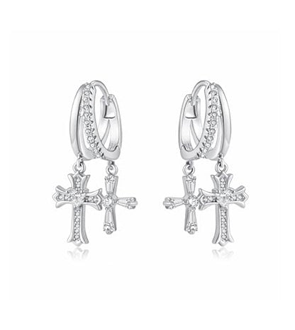 Double Huggie Hoop Earrings with Charms Cross Dangle Earrings Gold/Silver Double Cross Drop Hoop Earrings for Women Men Trendy - style: Style A-Silver