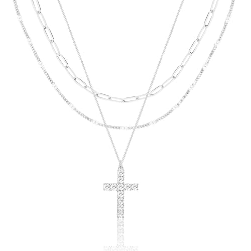 Poxtex Layered Gold Necklaces for Women, Stackable Dainty 14K Gold Silver Plated Trendy Simple Heart Diamond Cross Bow Circle Pendant Paperclip Choker Dot Chain Necklace,Jewelry Set Gifts for Women - color: Silver, style: Cross2