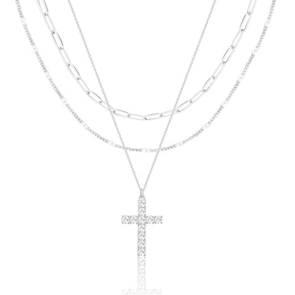 Poxtex Layered Gold Necklaces for Women, Stackable Dainty 14K Gold Silver Plated Trendy Simple Heart Diamond Cross Bow Circle Pendant Paperclip Choker Dot Chain Necklace,Jewelry Set Gifts for Women - color: Silver, style: Cross2