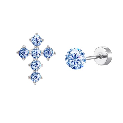18g Titanium Round Crystal Cross Stud Earrings for Women Silver Plated Stainless Steel CZ Asymmetric Circle Studs Cartilage Tragus Screw Back Post Dainty Birthday Holiday Jewelry - color: Blue CZ