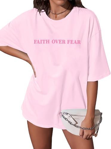 BANGELY Faith Over Fear Shirt Women Graphic Shirts Oversized Workout Gym Christian Religious Tees Drop Shoulder Tee Tops - color: B-pink, size: Large