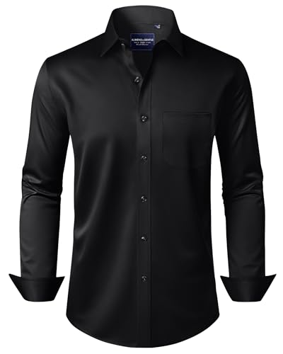 Alimens & Gentle Men's Dress Shirts Long Sleeve Wrinkle-Free Stretch Shirts Solid Formal Button Down Shirt with Pocket - color: Black, size: Large