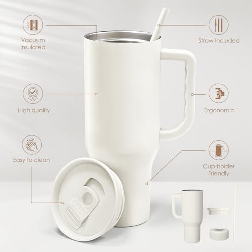 SANDJEST Ivory 40oz Tumbler with Handle and Straw, Insulated Stainless Steel Travel Coffee Mug for Women Girls, Gift Idea for Birthday Christmas Mothers Day - color: Beige