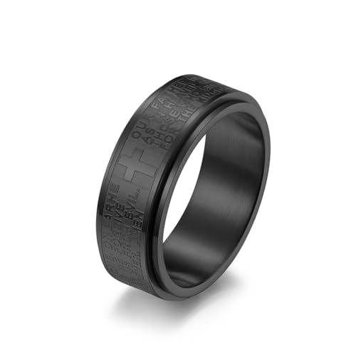 Lords Prayer Cross Spinner Rings Men's Womens Stainless Steel Religious Fidget Bands for Easter Christmas Birthday, Size 7-12 - color: black,black(new)