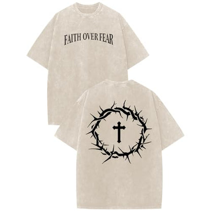 Mens Faith Over Fear Christian Shirts Jesus God Religious Bible Verse Cross Tshirt Oversized Acid Wash Graphic Tees - color: Apricot, size: X-Small