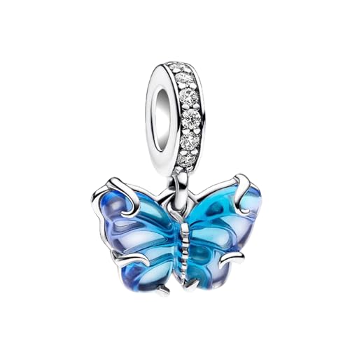 LUXILLA 925 Sterling Silver Charm Golden Family Tree Sparkling Cross Cute Dragon Charms Fits Bracelets Necklace Pendant Bead Jewelry Gift for Women Family Friends - color: Blue Murano Glass Butterfly Charm