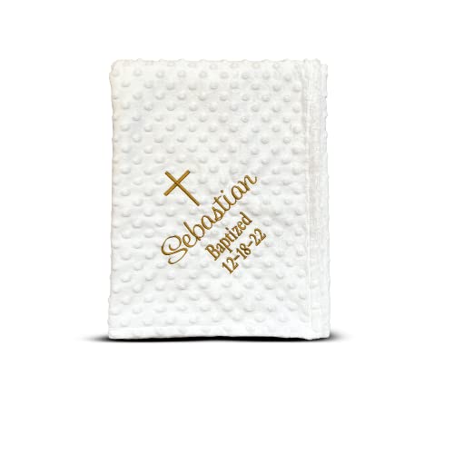 Baptism Blanket Personalized Baby Gifts – Luxurious Baptismal Gifts Textured Baby Blanket with Name, Date – Unique Christening Gifts for Girls and Boys – Soft Minky (White/Gold) - color: White/Gold