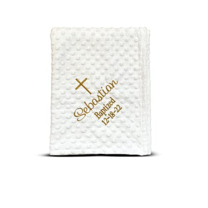 Baptism Blanket Personalized Baby Gifts – Luxurious Baptismal Gifts Textured Baby Blanket with Name, Date – Unique Christening Gifts for Girls and Boys – Soft Minky (White/Gold) - color: White/Gold
